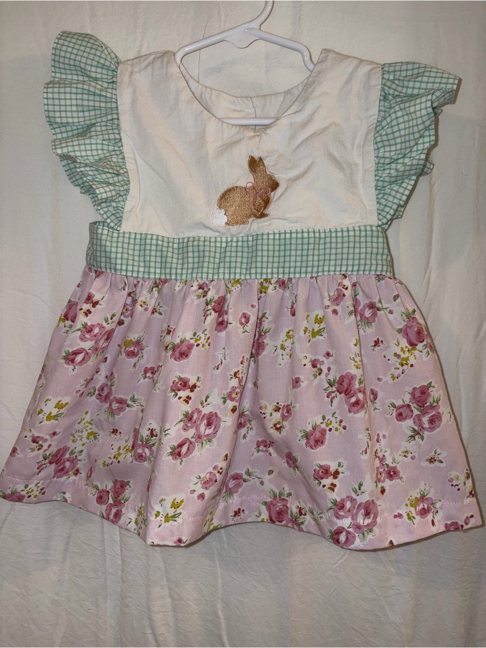 Girls Pink Floral & Green Check Bunny Dress - Kids Matching Sets